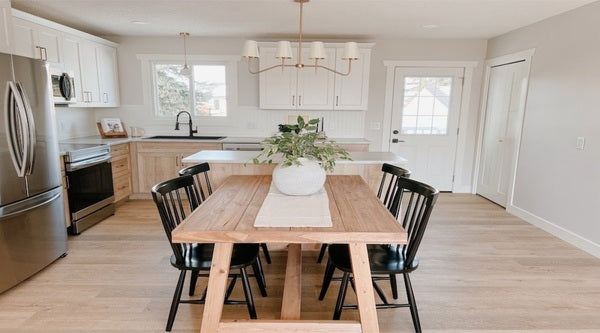 neutral tones bring modernity to the farmhouse-designed dining room