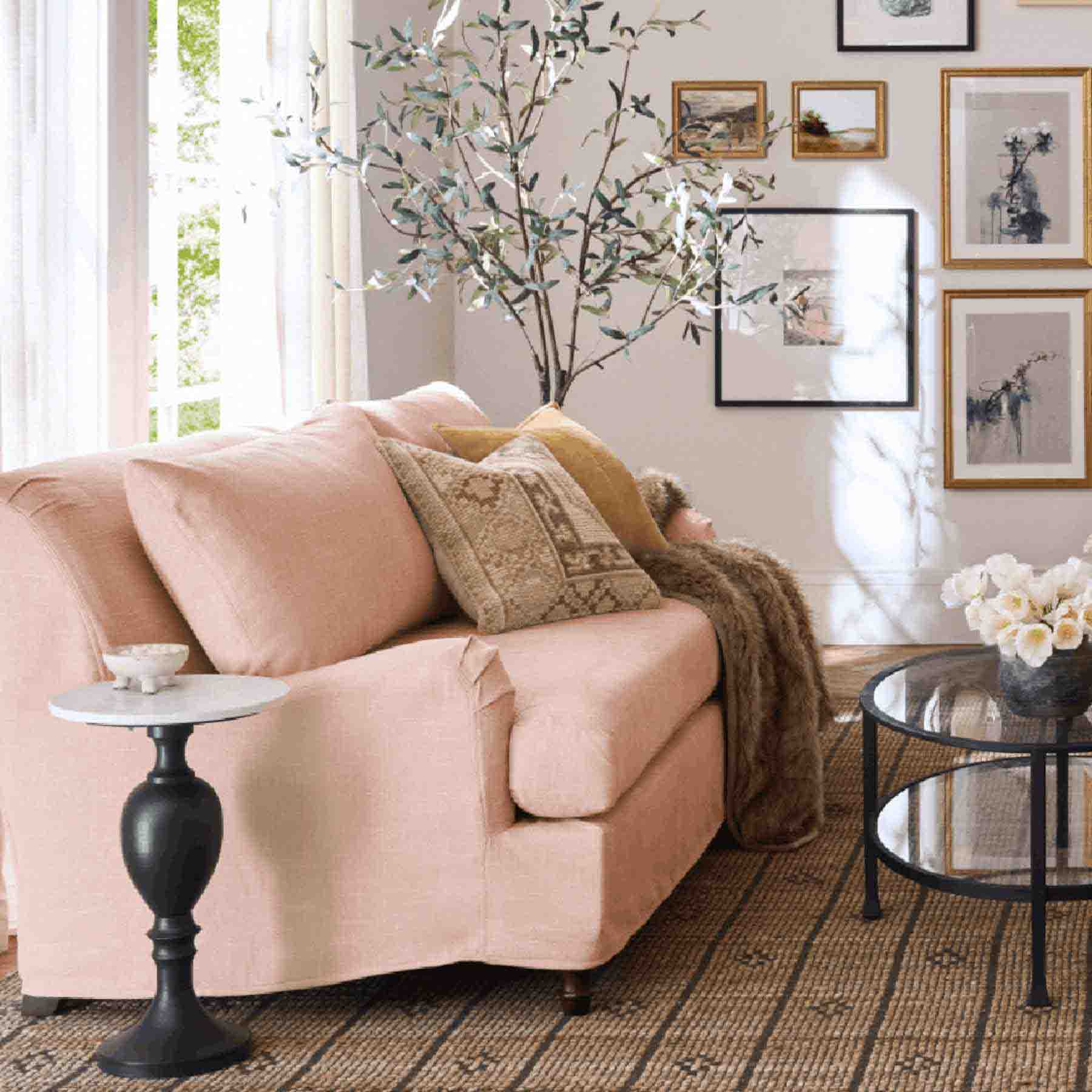 a touch of pastel pink on the sofa creates a striking focal poi