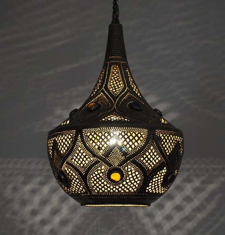 place a jeweled lantern pendant in the center of a bohemian living room