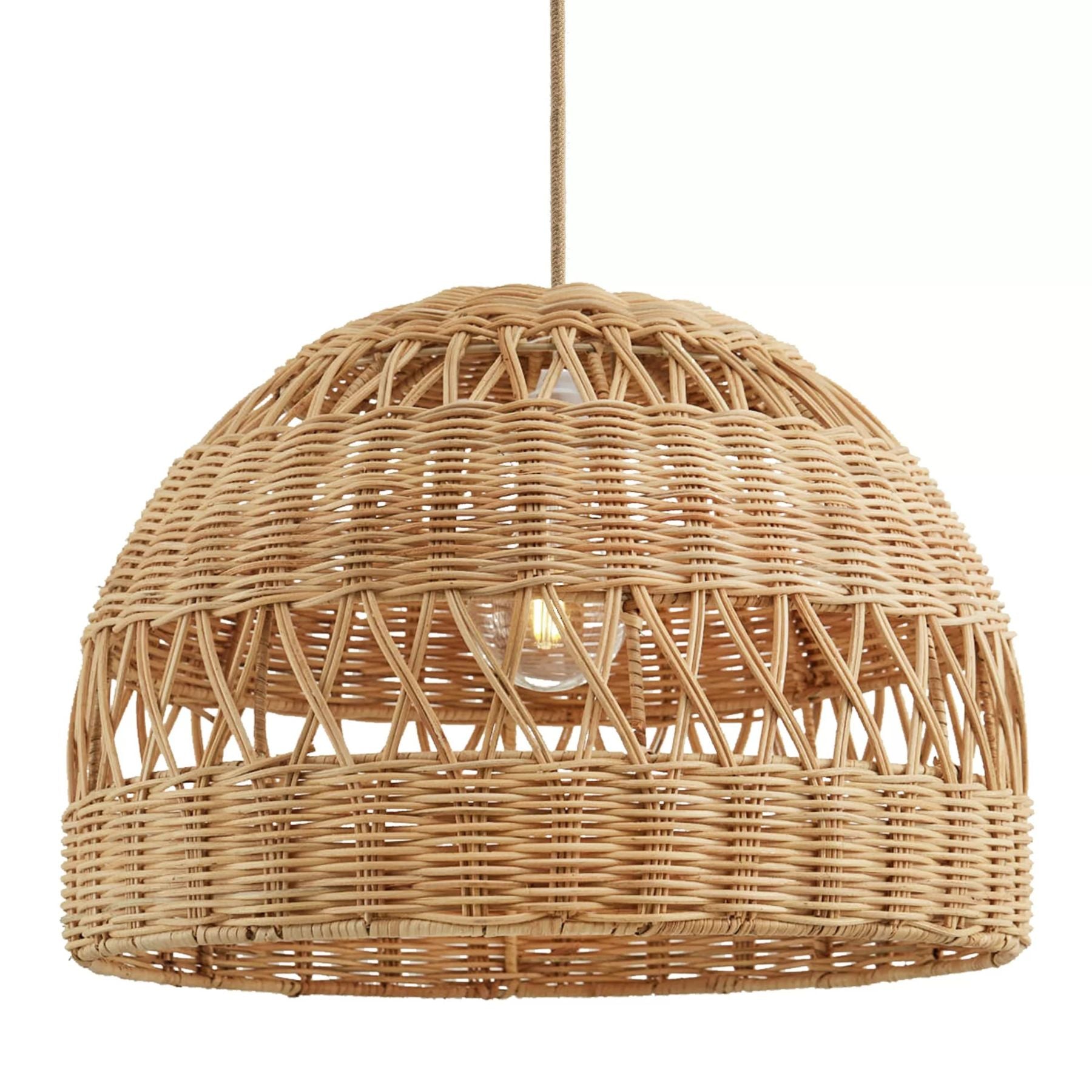 radiant rattan chandelier with a popular dome shape interwoven among the dense lines are delicate x shaped weaves adding simplicity and sophistication