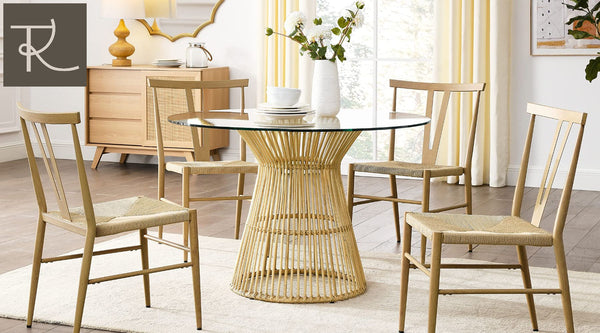 the dining table set made from rattan, bamboo and glass creates elegance for the garden