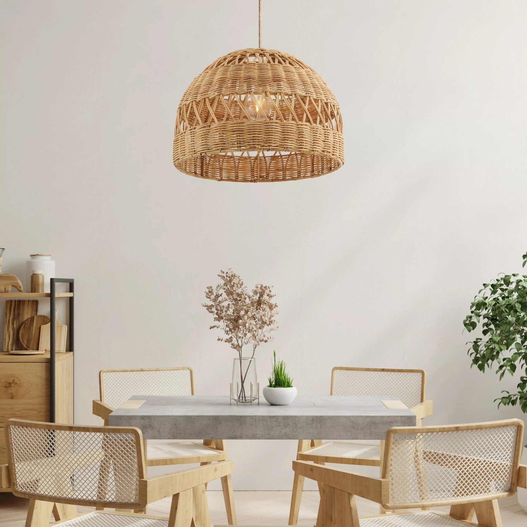 the earthy tones and natural materials of rattan pendant lights