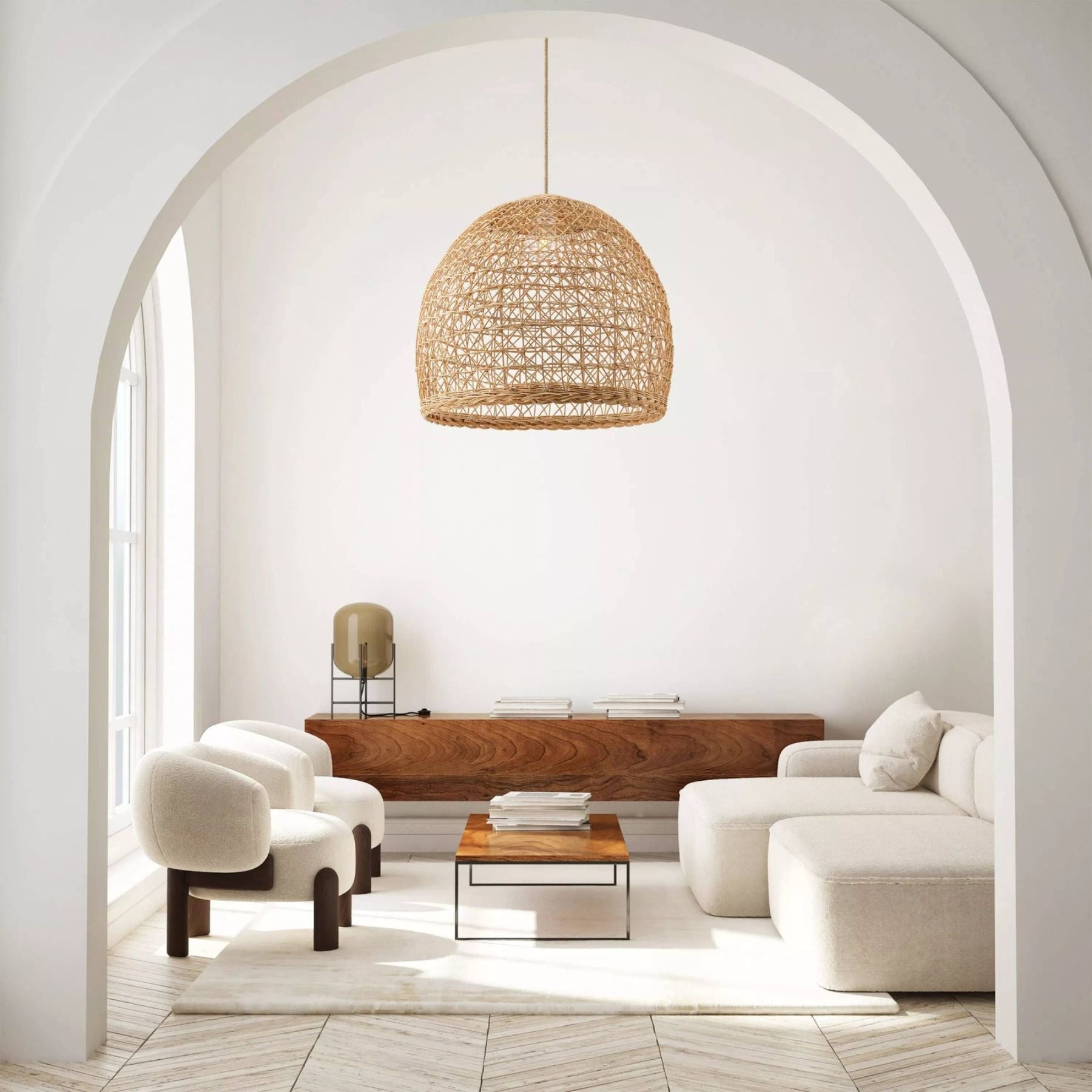 the lumiere rattan chandelier has a graceful design that is simple but perfect to become the focal point of your space