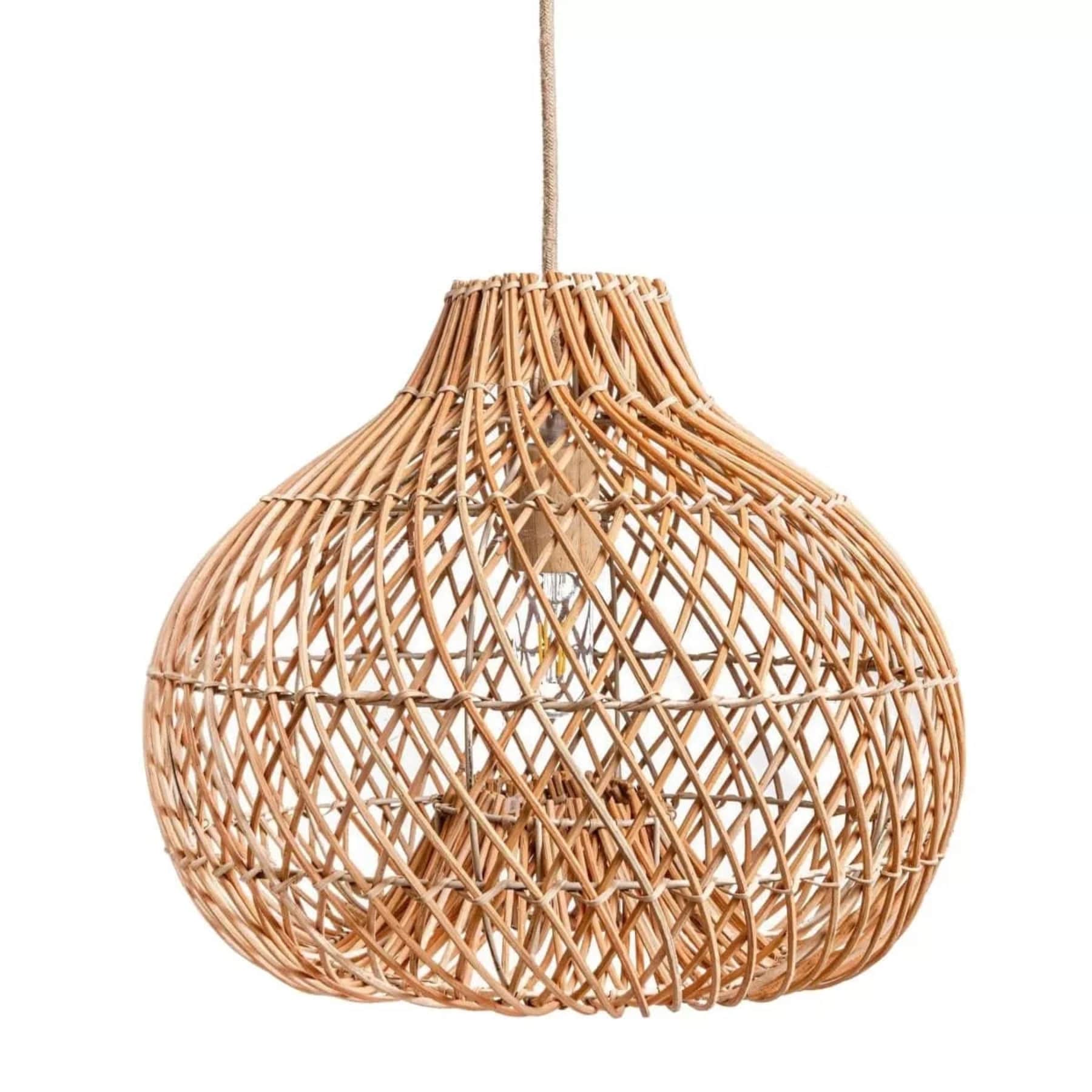 the ombra dome rattan hanging lamp is handcrafted from woven sugarcane