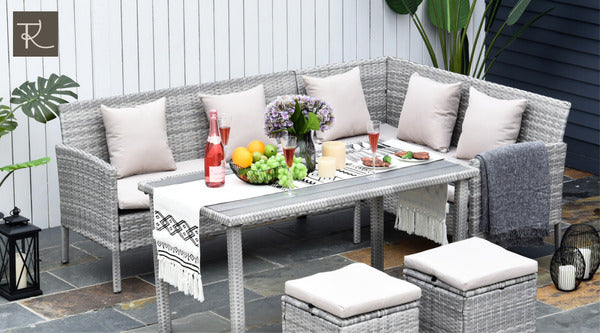 the rattan dining set is exquisitely crafted from a type of palm