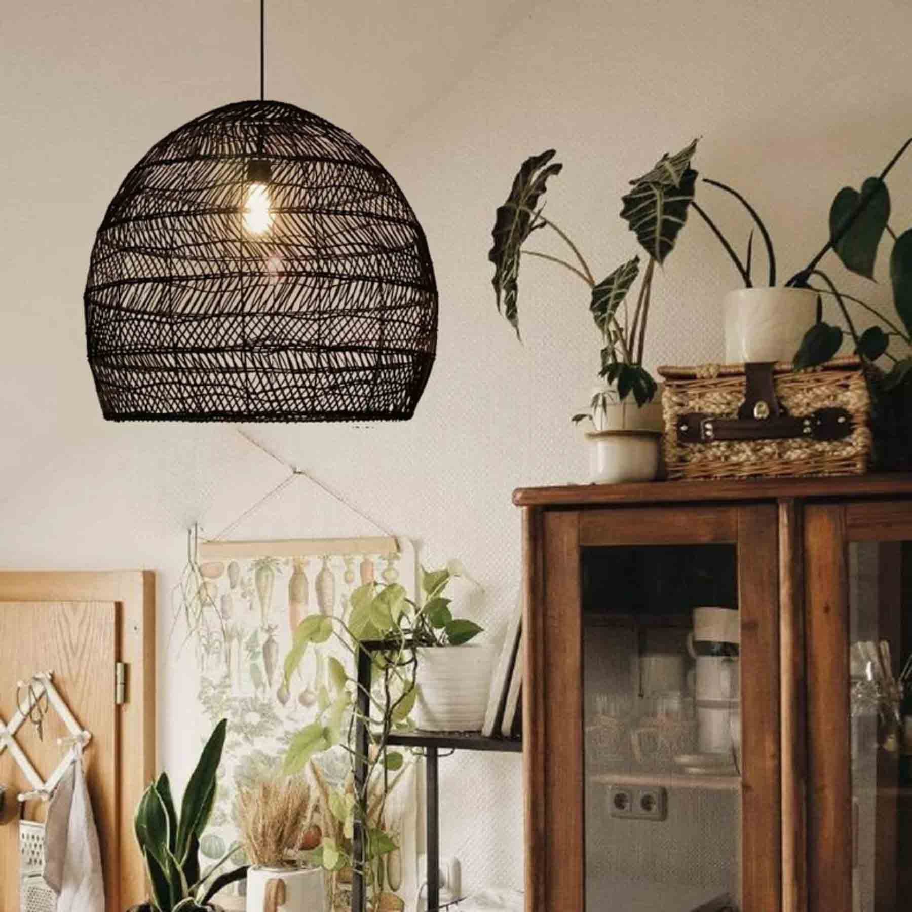the rattan pendant light plays a crucial role as an artistic statement in the room