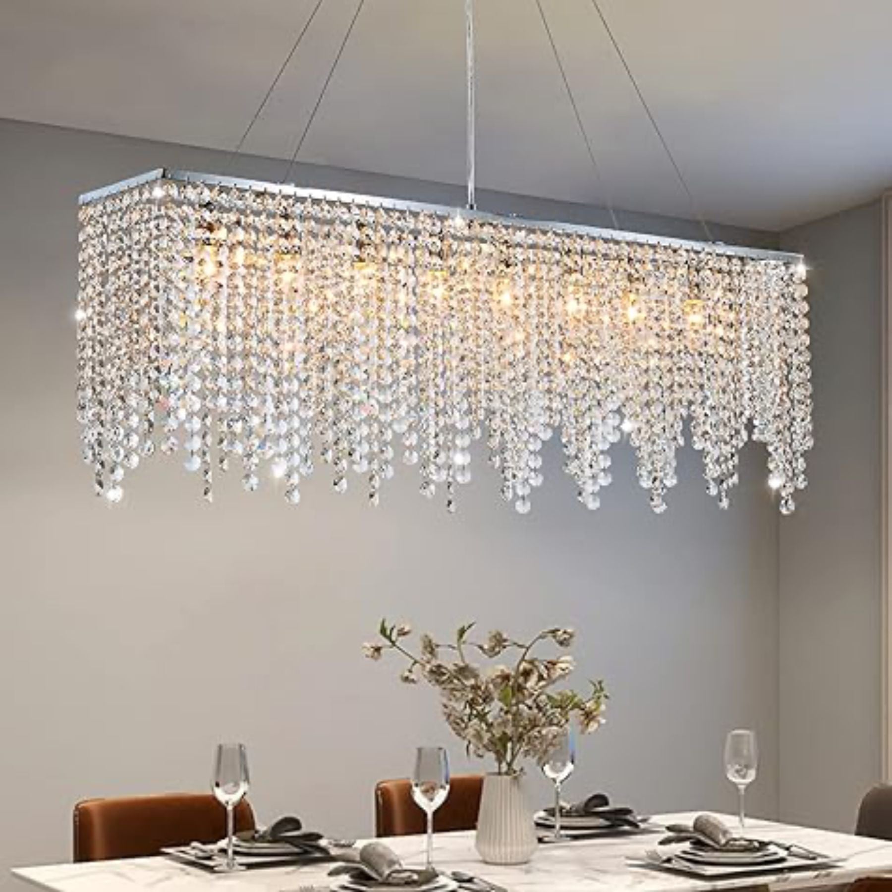 the rectangular crystal chandelier is a striking combination designed to enhance the aesthetics of a dining room or kitchen