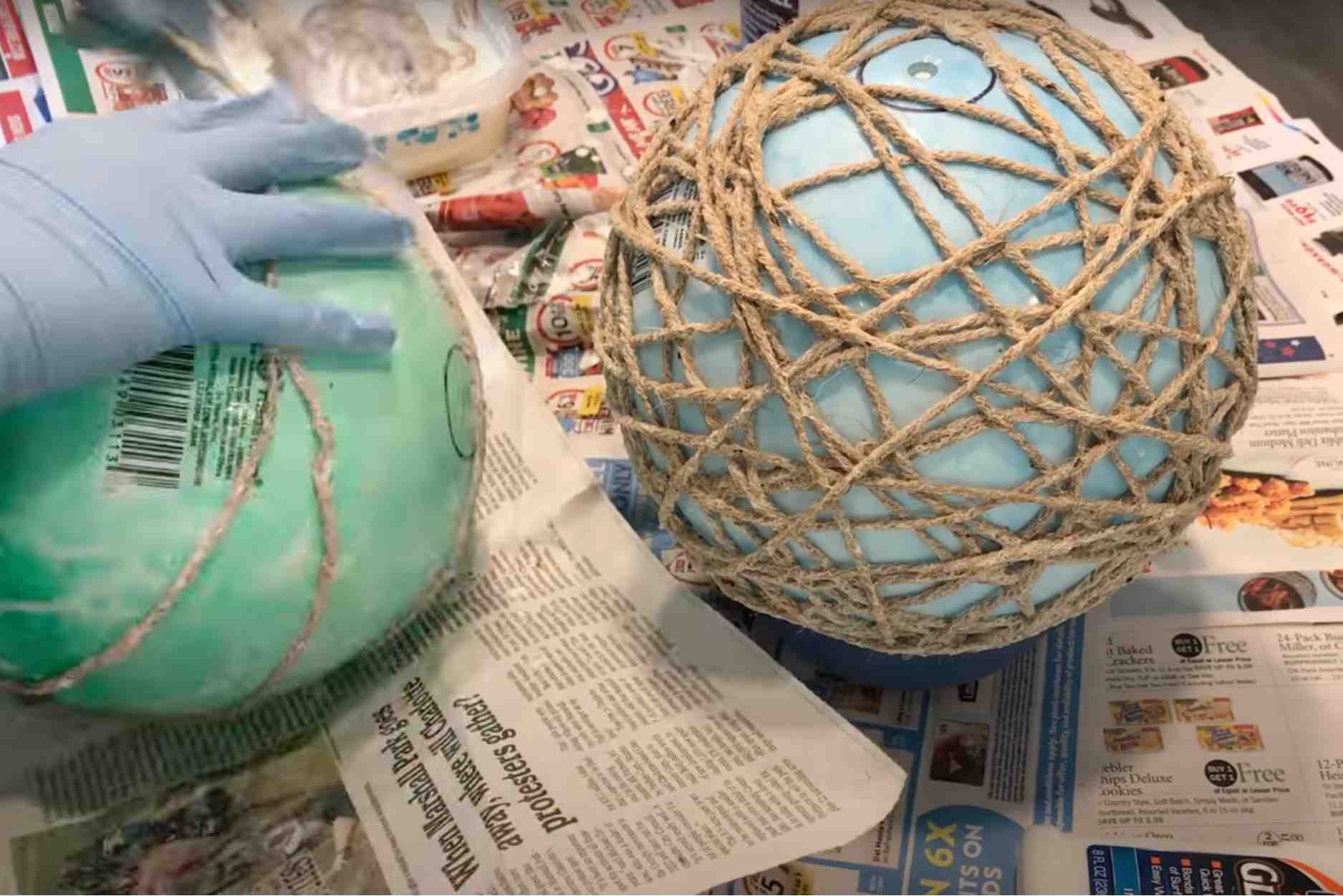 wrap the soaked twine around the bouncy balls