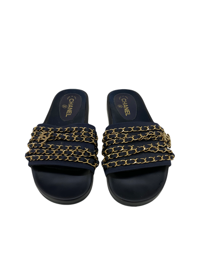chanel sandals black and gold
