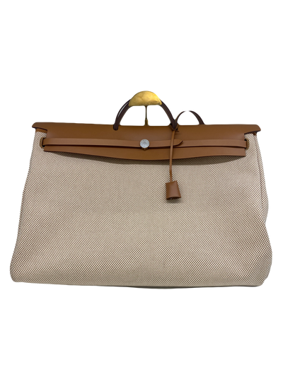 HERMES Herbag MM beige Toile coated canvas brown leather PHW 2-in-1 bag