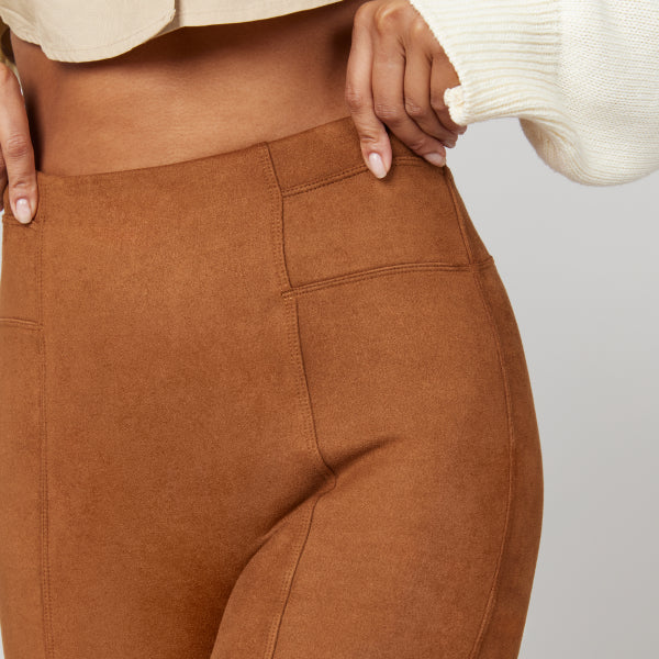 SPANX Faux Suede Flare Pants Pull On Stretchy Slimming Brown