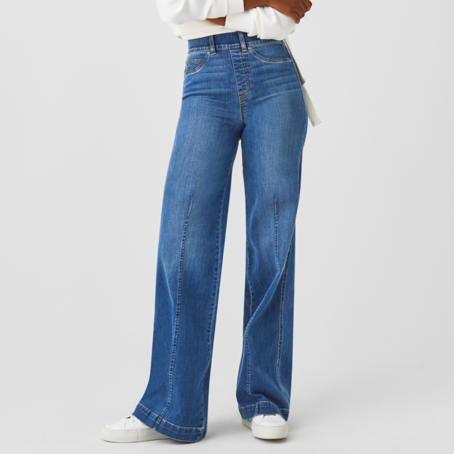Women Plain Side Hollow Jeans Wide Leg Denim Long Pants Casual Flared  Trousers