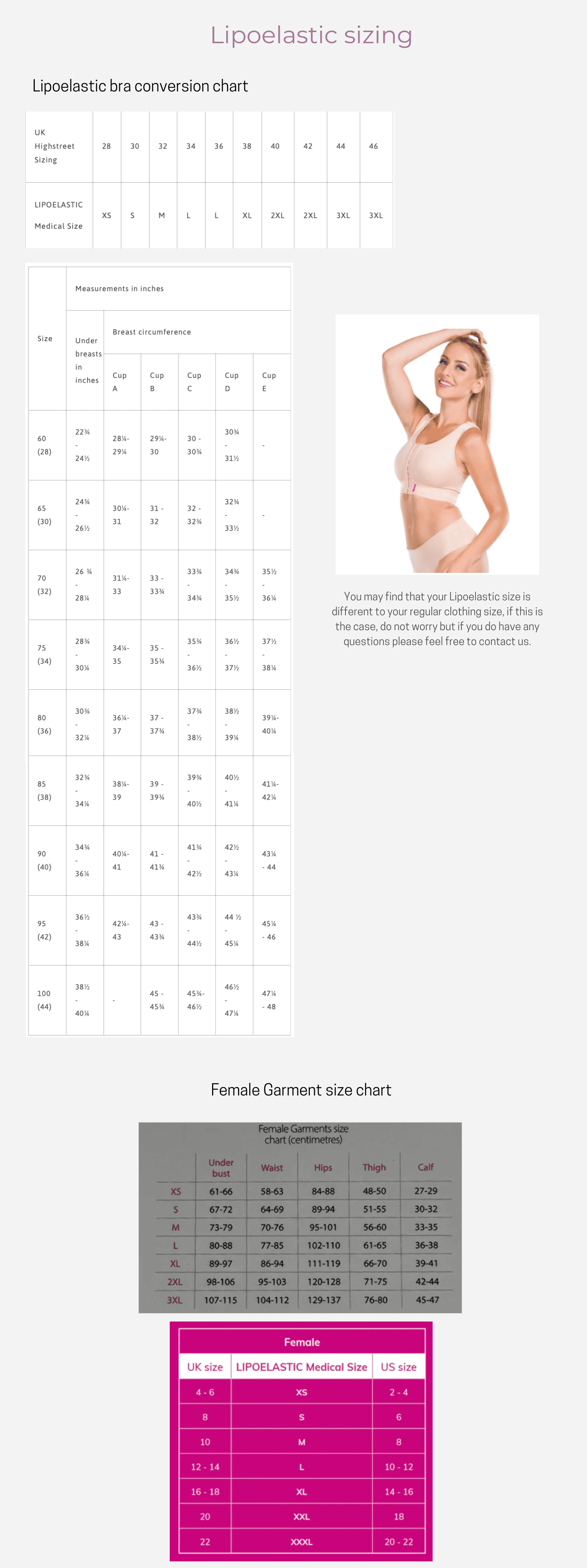 Lipoelastic compression post surgery bra and garment sizing