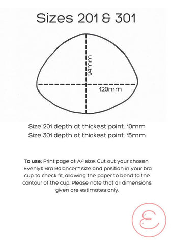 Size Chart for we are evenly bra balancers size 201 & 301