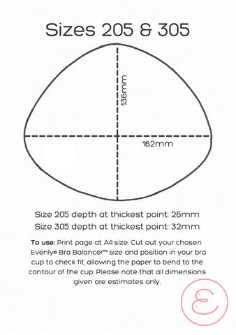 Downloadable pdf size guide with dimensions for bra balancer size 205 & 305