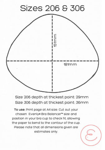 Downloadable pdf size guide with dimensions for bra balancer size 206 & 306
