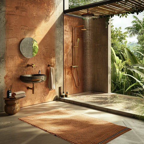 grand tapis salle de bain dans une douche exterieur en cuivre