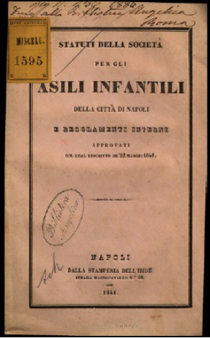 Copertina dello Statuto della Società per gli asili infantili della Città di Napoli approvato con Real rescritto il 22 maggio 1841