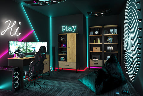 Zdjęcie przedstawiające przykładową aranżację gamingowego pokoju z meblami kolt. Pokój gamingowy z meblami Kolt - regał na książki, biurko komputerowe, komoda z szufladą