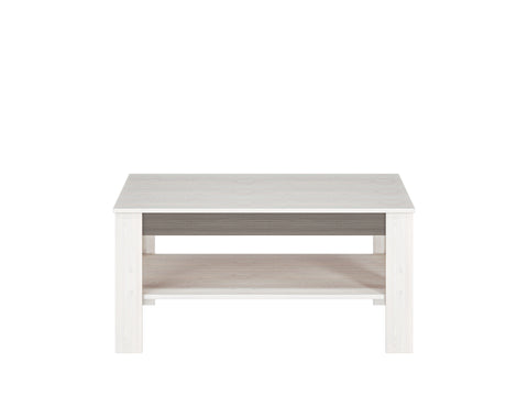 Zdjęcie przedstawiające stolik kawowy do salonu Blanka 12 w kolorze sosny śnieżnej z wstawkami w kolorze New Grey. Modna ława do salonu z półką Blanka dostępna na dmsm.pl