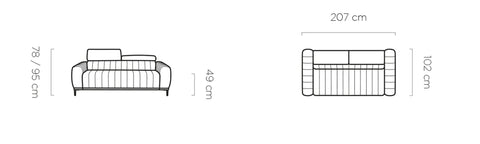 Rysunek przedstawiający dokładne rozmiary sofy rozkładanej Gandi. Nowoczesna sofa rozkładana Gandi ze stelażem włoskim dostępna jest w dmsm.pl w promocyjnej cenie