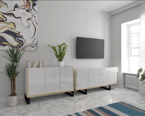Zdjęcie przedstawiające przykładową aranżację modnej białej komody do salonu wraz z szafką RTV. Modne i nowoczesne meble do salonu od dmsm.pl