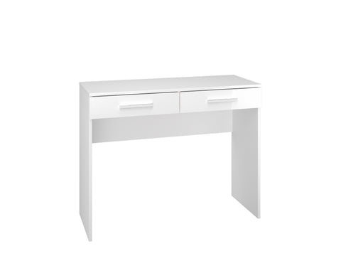 Zdjęcie przedstawiające nowoczesne i minimalistyczne białe biurko z dwiema szufladami