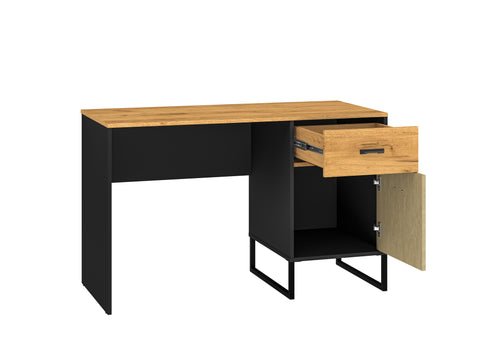 Zdjęcie przedstawiające nowoczesne biurko komputerowe Kolt 120 cm. Nowoczesne i szerokie biurko komputerowe z szufladą oraz szafką dostępne jest w dmsm.pl w promocyjnej cenie