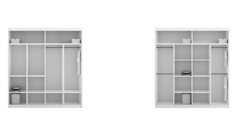 Zdjęcia przedstawiające możliwości złożenia korpusu szafy przesuwnej Lexy 200 cm. Nowoczesna szafa przesuwna na ubrania Lexy posiada aż cztery możliwości złożenia korpusu.