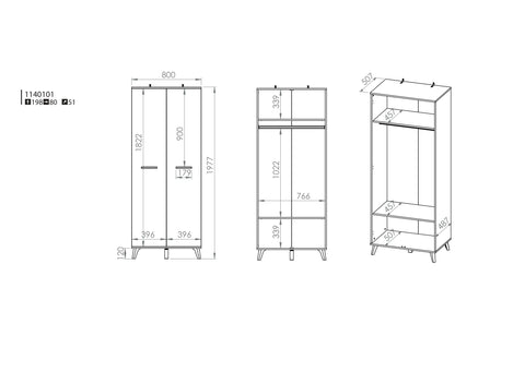 Rysunek przedstawiający dokładny rozmiar nowoczesnej szafy na ubrania Seko. Dwudrzwiowa szafa Seko posiada drążek na wieszaki oraz półki na ubrania