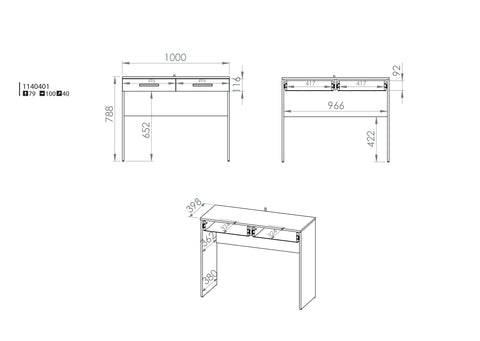 Rysunek przedstawiający dokładny rozmiar nowoczesnego biurka z dwiema szufladami Seko