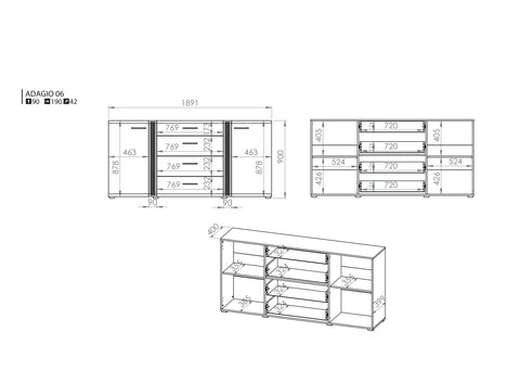 Rysunek przedstawiający dokładny rozmiar komody z szufladami Largo. Komoda z dwiema szafkami oraz czterema szufladami Largo
