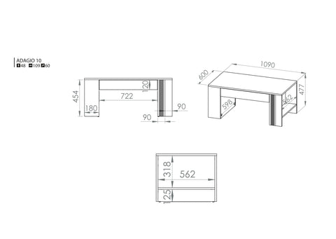 Rysunek przedstawiający dokładny rozmiar ławy do salonu Largo z wysuwaną szufladą. Nowoczesna ława do salonu Largo dostępna w dmsm.pl