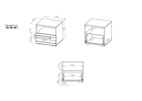 Rysunek przedstawiający dokładny rozmiar szafki nocnej Blanka. Nowoczesna i modna szafka nocna dostępna na dmsm.pl