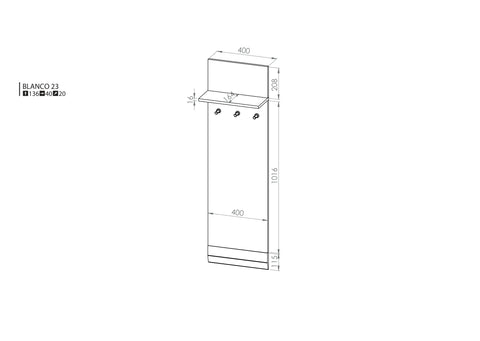 Rysunek przedstawiający dokładny rozmiar wieszaka z trzema uchwytami Blanka