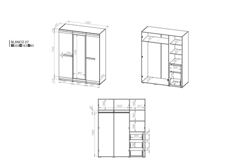 Rysunek przedstawiający dokładne rozmiary szerokiej szafy do sypialni Blanka z lustrem oraz trzema szufladami. 