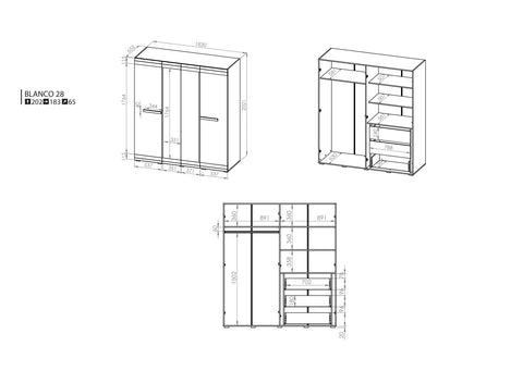 Rysunek przedstawiający dokładne rozmiary nowoczesnej szafy z drzwiami uchylnymi lustrem oraz szufladami.