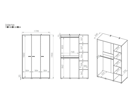 Rysunek przedstawiający dokładne rozmiary młodzieżowej szafy Kolt z trzema frontami. Nowoczesna szafa Kolt posiada dwa drążki oraz półki na ubrania