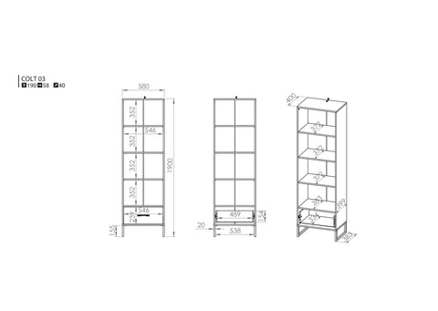 Rysunek przedstawiający dokładne rozmiary regału na książki Kolt. Nowoczesny regał Kolt posiada szeroką szufladę z funkcją pełnego wysuwu.