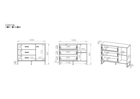 Rysunek przedstawiający dokładne rozmiary nowoczesnej komody LOFT z trzema szufladami oraz frontem uchylnym. Nowoczesna komoda dostępna jest w promocyjnej cenie na dmsm.pl