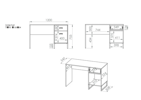 Rysunek przedstawiający dokładny rozmiar nowoczesnego biurka gamingowego Kolt. Modne biurko w stylu LOFT dostępne jest na dmsm.pl