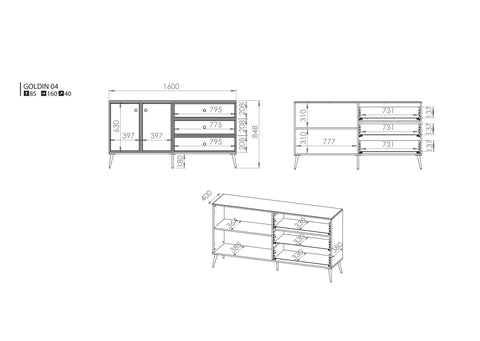 Rysunek przedstawiający dokładny rozmiar nowoczesnej komody z szufladami oraz szafką