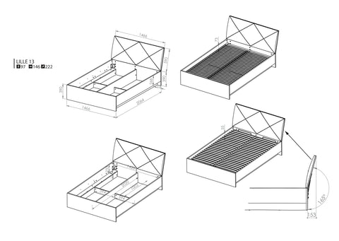 Rysunek przedstawiający dokładne rozmiary łóżka ze stelażem metalowym LILI