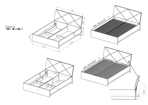 Rysunek przedstawiający dokładny rozmiar łóżka podwójnego Lili 160x200