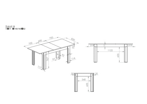 Rysunek przedstawiający dokładny rozmiar stołu rozkładanego Lili 140/180x82 cm