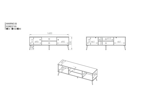 Rysunek przedstawiający rozmiary nowoczesnej szafki RTV do salonu z dwiema szafkami oraz półkami
