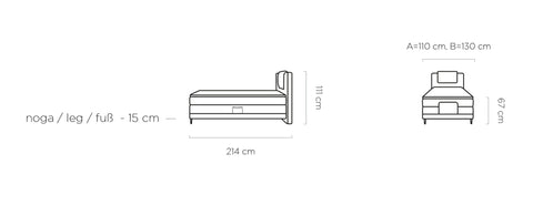 Rysunek przedstawiający dokładne rozmiary nowoczesnego łóżka z elektryczną regulacją Wave 100