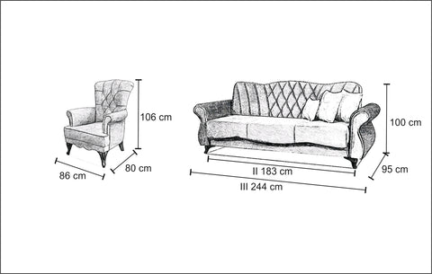 Rysunek przedstawiający dokładny rozmiar wersalki rozkładanej oraz fotela Panama. Elegancka wersalka rozkładana Panama dostępna na dmsm.pl