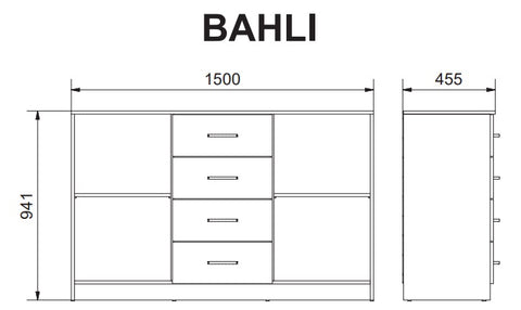 Rysunek przedstawiający rozmiar nowoczesnej komody do salonu Bahli z czterema szufladami, dwiema szafkami oraz półkami.