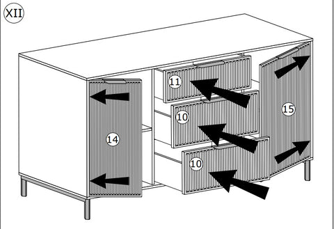Rysunek przedstawiający możliwości otwierania komody do salonu z trzema szufladami oraz dwiema szafkami 